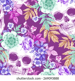 Vector seamless background. Wreaths of garden flowers and skulls. Roses, peonies. Design for fabrics, textiles, paper, wallpaper, web. Retro. Vintage style. Floral ornament.