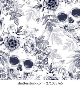 Vector seamless background. Wreaths of garden flowers and skulls. Roses, peonies. Design for fabrics, textiles, paper, wallpaper, web. Retro. Vintage style. Floral ornament. Black and white.
