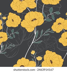 Vector seamless background Yellow minimalist abstract floral pattern Modern print on a dark background. Suitable for textile design Screensavers, covers, cards, invitations, posters, gift wrap