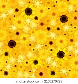 Vector seamless background with yellow sunflowers, gerbera, and dandelion flowers