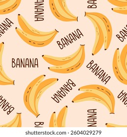 Vector seamless banana pattern with hand-drawn ripe yellow bananas and text Banana on a light background. Fun tropical fruit design, perfect for fabric, wallpaper, packaging, and summer prints.