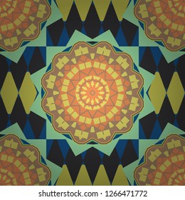 Vector seamless bandana print with paisley ornament. Cotton or silk headscarf, kerchief square pattern design, oriental style in gray, orange and yellow colors.
