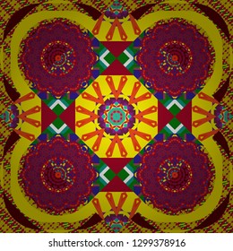 Vector seamless bandana print with paisley ornament. Cotton or silk headscarf, kerchief square pattern design, oriental style in green, red and yellow colors.