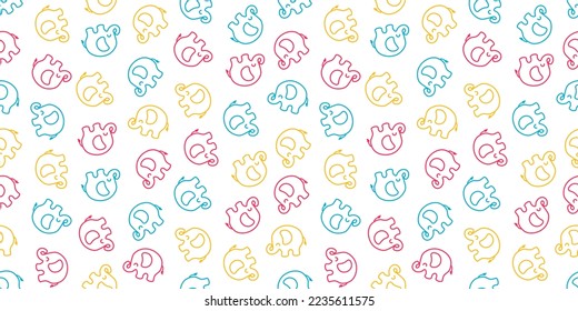 Vector seamless banner with colorful outline elephants