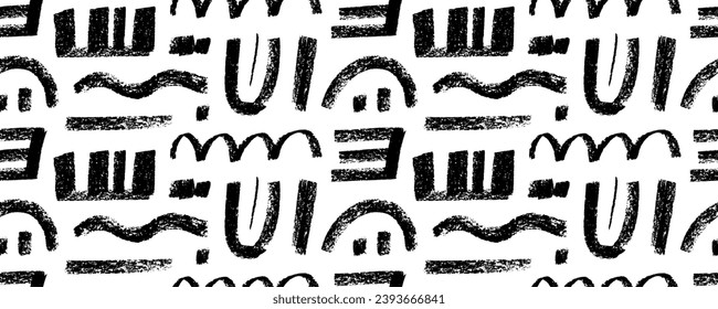 Vector seamless banner design with charcoal geometric bold lines and shapes. Hand drawn grunge texture, geometric elements. Pastel or chalk childish abstract drawing with rough edges and dry texture.