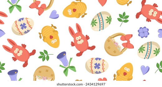 Vector seamless banner with Easter eggs in a basket; bunnies and chicken. Color illustration of an egg hunt. Easter religious holiday concept. Print of painted eggs; Easter bunny; chick and leaves