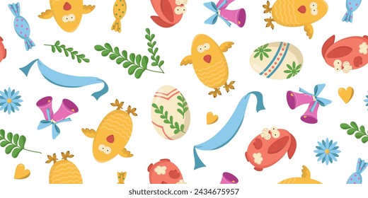 Vector seamless banner with Easter eggs; bunnies and chicken. Color illustration of an egg hunt. Easter religious holiday concept. Print of painted eggs; Easter bunny; chick and bells