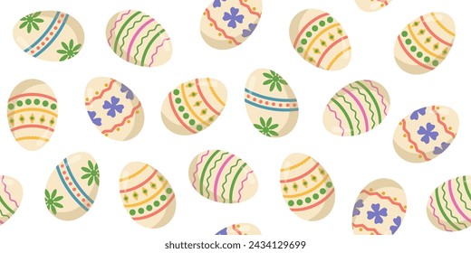 Vector seamless banner with Easter painted eggs. Color illustration of an egg hunt. Easter religious holiday concept. Print of painted eggs