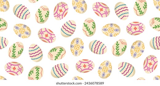 Vector seamless banner with Easter painted eggs. Color illustration of an egg hunt. Happy spring holiday background. Easter religious holiday concept. Print of painted eggs