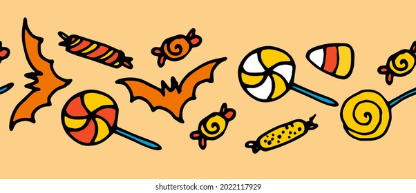 Pancarta vectorial impecable hecha de caramelos y copas con murciélagos para Halloween. raya horizontal de caramelos de Halloween naranja y amarillo con murciélagos, pintada en forma de doodle sobre un fondo naranja