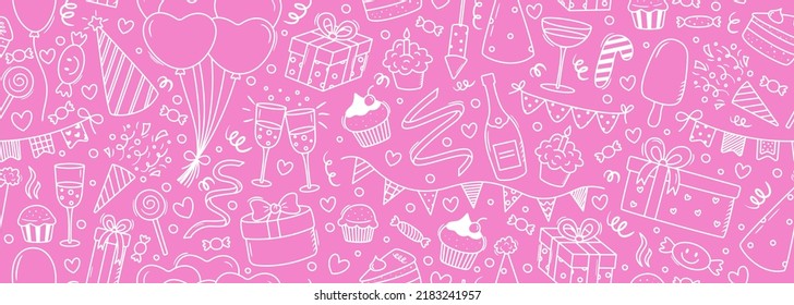 Banner sin fisuras vectorial con garabatos de partido de contorno. Cumpleaños, aniversario, carnaval, festival. Antecedentes con globos, pasteles, panecillos, caramelos, confeti