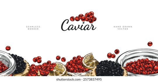 Vector seamless banner with red and black caviar on the bottom border. Outline watercolor illustration of seafood delicacy of caviar in a jar, tartlet and sandwich. Hand drawn. Space for text.