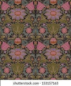 Vector seamless baroque vintage pattern with stylized flowers. Colorful on a black background