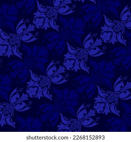 vector seamless batik ornament with a dark blue base and blue and light blue motifs