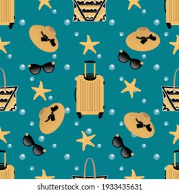 vector seamless beach pattern featuring suitcase, hat, sunglasses and starfish on a sea background