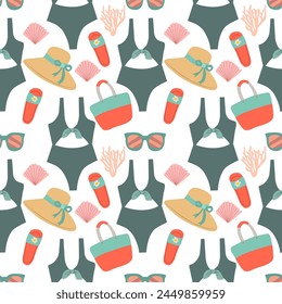 vector seamless beach pattern with the image of a suitcase, sunglasses, beach bag, wide-brimmed hat, starfish flat cartoon style .