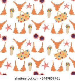vector seamless beach pattern with the image of a suitcase, sunglasses, beach bag, wide-brimmed hat, starfish flat cartoon style .