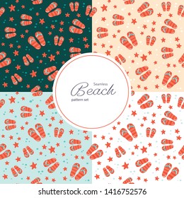 Vector seamless beach pattern set. Collection of 4 repeat tiles consist of flat cartoon starfish and flip flops symbols. Design for summer vacation tourism, web, poster, wrapping paper, backdrop.