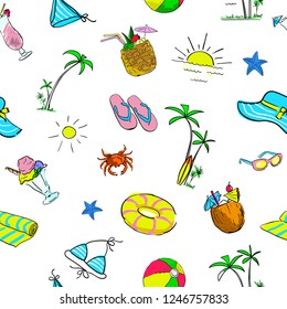 vector seamless beach pattern,of hand drawn summer doodle, swimsuit, sunglasses, hat, crab, towel, cocktail, circle on the sand, vector illustration by hand