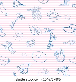 vector seamless beach pattern,of hand drawn summer doodle, swimsuit, sunglasses, hat, crab, towel, cocktail, circle on the sand, vector illustration by hand