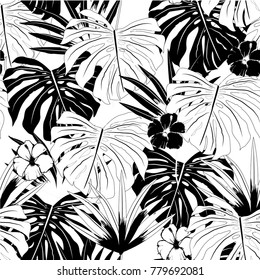 Vector seamless beautiful artistic balck and white tropical pattern with exotic forest. monotone color original stylish floral background print, on white background.