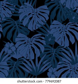 vectorial, hermoso y artístico patrón tropical azul con bosque exótico. color monotónico original de fondo floral estilizado, sobre fondo oscuro.