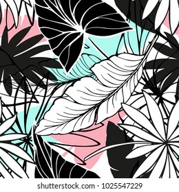 Vector Seamless Beautiful Artistic Bright Tropical Pattern With Banana, Syngonium And Dracaena Leaf, Summer Beach Fun, Original Stylish Floral Background Print, Fantastic Forest.