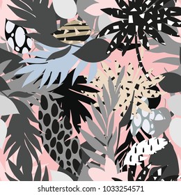 vectorial, hermoso y artístico diseño tropical brillante con banana, hojas de Syngonium y Dracaena, playa de verano divertida, colorida y original diseño de fondo floral, fantástico bosque.