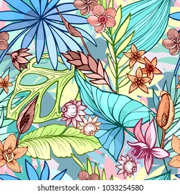 vector seamless beautiful artistic bright tropical pattern with banana, Syngonium and Dracaena leaf, summer beach fun, colorful original stylish floral background print, fantastic forest.