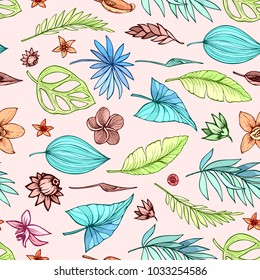 vector seamless beautiful artistic bright tropical pattern with banana, Syngonium and Dracaena leaf, summer beach fun, colorful original stylish floral background print, fantastic forest.