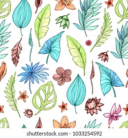 vector seamless beautiful artistic bright tropical pattern with banana, Syngonium and Dracaena leaf, summer beach fun, colorful original stylish floral background print, fantastic forest.