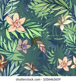 vector seamless beautiful artistic bright tropical pattern with banana, Syngonium and Dracaena leaf, summer beach fun, colorful original stylish floral background print, fantastic forest.