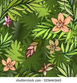 vector seamless beautiful artistic bright tropical pattern with banana, Syngonium and Dracaena leaf, summer beach fun, colorful original stylish floral background print, fantastic forest.