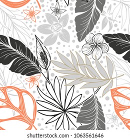 vector seamless beautiful artistic bright tropical pattern with banana, Syngonium and Dracaena leaf, summer beach fun, colorful original stylish floral background print, fantastic forest.