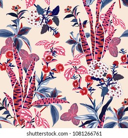 vector seamless beautiful artistic bright tropical pattern with exotic forest. Colorful original stylish floral background print, bright rainbow colors on pink.