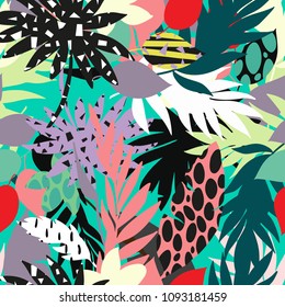vector seamless beautiful artistic bright tropical pattern with banana, Syngonium and Dracaena leaf, summer beach fun, colorful original stylish floral background print, fantastic forest.