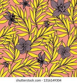 vector seamless beautiful artistic bright tropical pattern with banana, Syngonium and Dracaena leaf, summer beach fun, original stylish floral background print, fantastic forest.