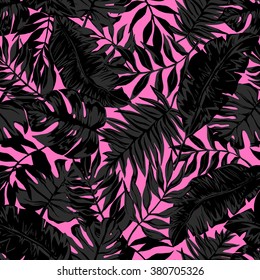 vector seamless beautiful artistic bright tropical pattern with banana leaf, fern frond, split leaf, philodendron, summer beach fun, colorful original stylish floral background print, fantastic forest