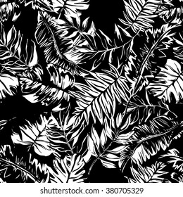 vector seamless beautiful artistic bright tropical pattern with banana leaf, fern frond, split leaf, philodendron, summer beach fun, colorful original stylish floral background print, fantastic forest