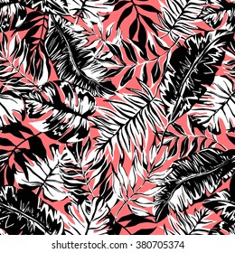 vector seamless beautiful artistic bright tropical pattern with banana leaf, fern frond, split leaf, philodendron, summer beach fun, colorful original stylish floral background print, fantastic forest