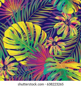 vector seamless beautiful artistic bright tropical pattern with exotic frond. Colorful original stylish floral background print, bright rainbow colors on dark blue