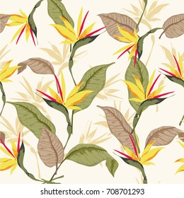 vector seamless beautiful artistic bright tropical pattern with exotic forest. Colorful original stylish floral background print, bright  colors on beige