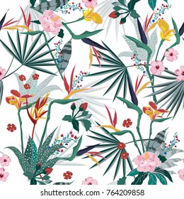 vector seamless beautiful artistic bright tropical pattern with exotic forest. Colorful original stylish floral background print, bright rainbow colors on white vector seamless beautiful artistic bright tropical pattern with exotic forest. Colorful original stylish floral background print, bright rainbow colors on white