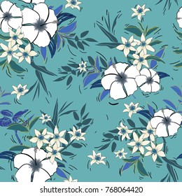 vector seamless beautiful artistic bright tropical pattern with exotic forest. Colorful original stylish floral background print, bright rainbow colors on Blue mint background.