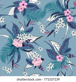 Vector perfectamente hermoso artístico brillante patrón tropical con bosque exótico. Colorida y elegante impresión de fondo floral, colores brillantes arcoiris en azul