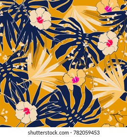 vector seamless beautiful artistic bright tropical pattern with exotic forest. Colorful original stylish floral background print, bright  colors on yellow
