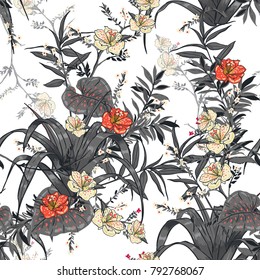 vector seamless beautiful artistic bright tropical pattern with exotic forest. Grey leaves original stylish floral background print, bright rainbow colors on white. vector seamless beautiful artistic bright tropical pattern with exotic forest. Grey leaves original stylish floral background print, bright rainbow colors on white.