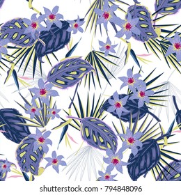vector seamless beautiful artistic bright tropical pattern with exotic forest. Colorful original stylish floral background print, bright rainbow colors on white background.