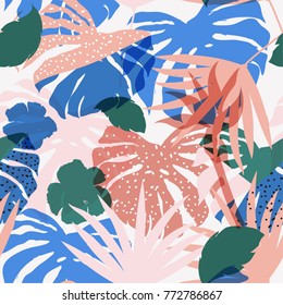 vector seamless beautiful artistic colorful silhouette tropical pattern with exotic forest. Multicolor leaves original stylish floral background print, bright flower on light grey. vector seamless beautiful artistic colorful silhouette tropical pattern with exotic forest. Multicolor leaves original stylish floral background print, bright flower on light grey.