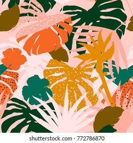 vector seamless beautiful artistic colorful silhouette tropical pattern with exotic forest. Multicolor leaves original stylish floral background print, bright flower on pink